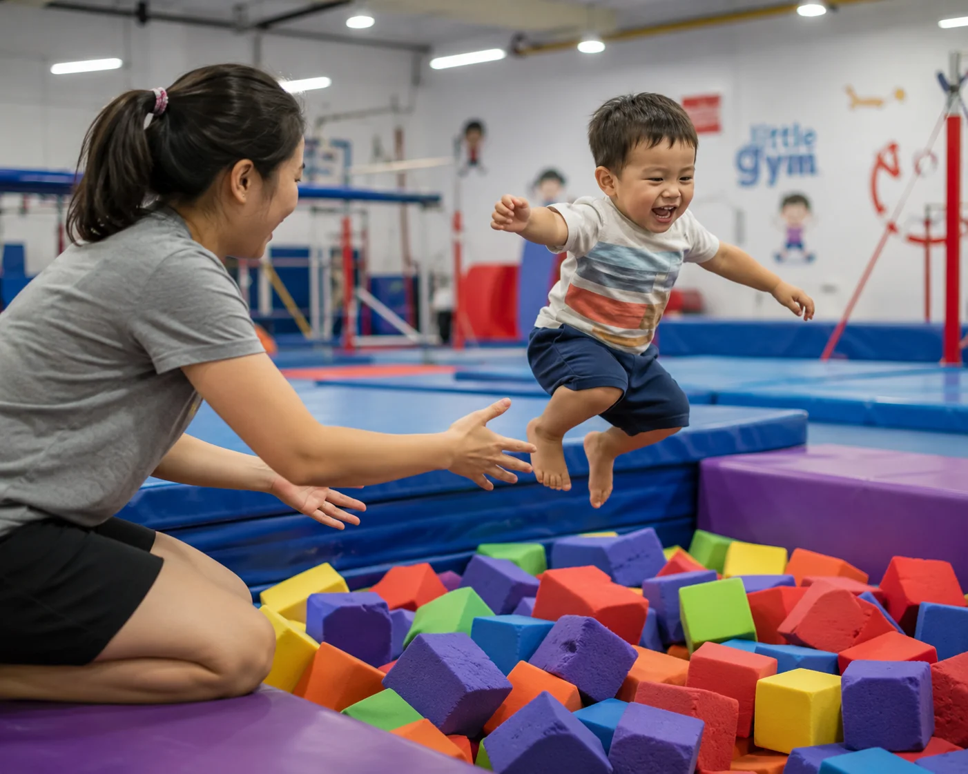 Toddler jumping into foam pit at Flykidz gymnastics gym, Petaling Jaya, with parent spotting
