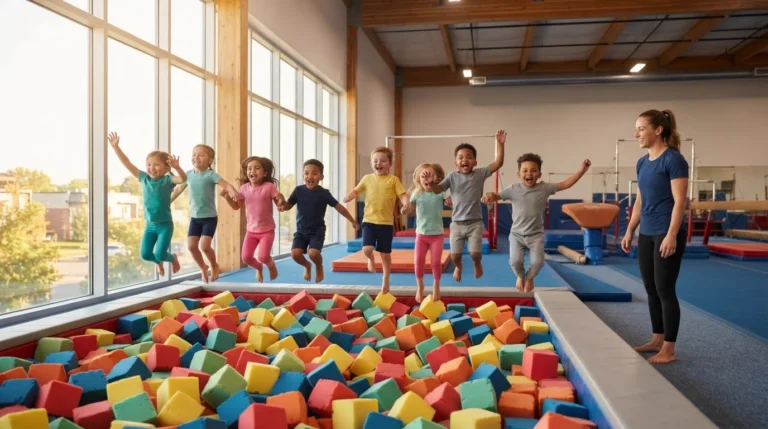 Children jumping into a foam pit at a gymnastics gym with an instructor.